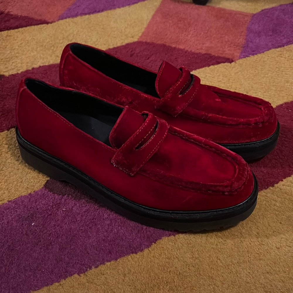Saturdays NYC red velvet loafers